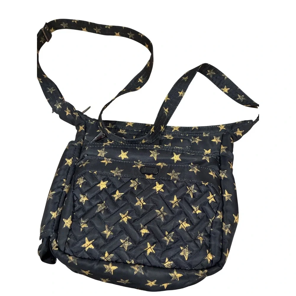 Lug Flutter Crossbody Bag Black Gold Star Quilted Travel Shoulder Bag Pocket